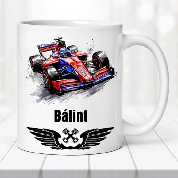 Névre szóló autós bögre – Forma 1 stílus