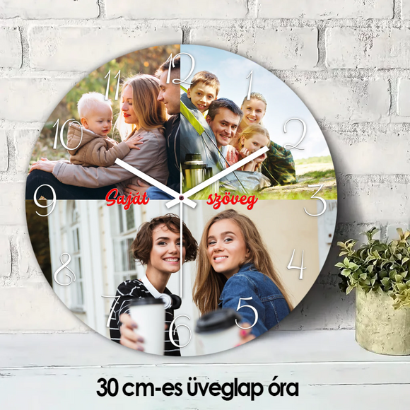 Egyedi fényképes üveg falióra 3 saját fotóval és választható felirattal.