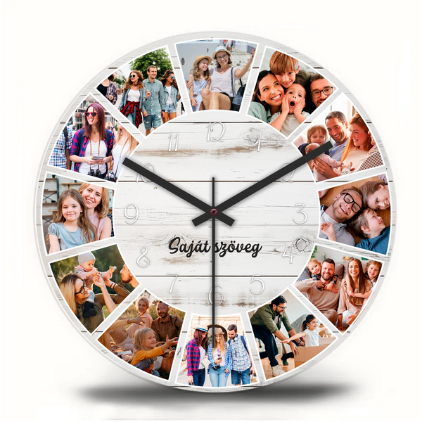 „Egyedi fényképes üveglapos falióra, 30 cm, 12 saját fotóval, online szerkeszthető