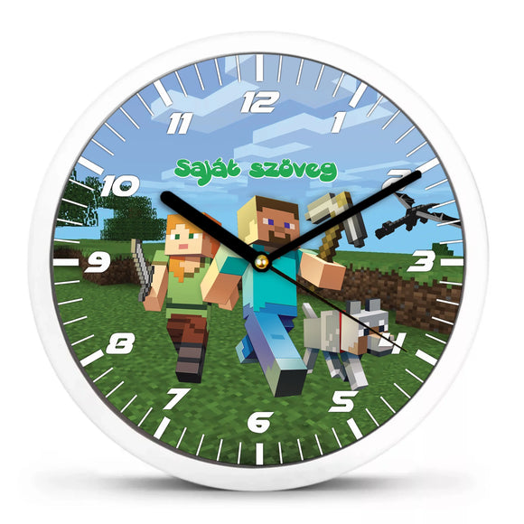 Minecraft falióra egyedi névre szóló felirattal és pixeles grafikával.