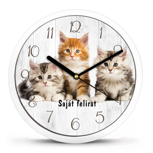  Egyedi falióra három különböző színű cica illusztrációjával és saját névvel.
