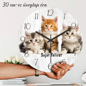 Keret nélküli 30 cm-es üveg falióra vidám cicás grafikával és egyedi névvel.