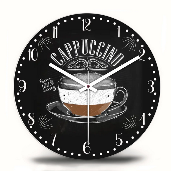 Krétatábla stílusú Cappuccino falióra fehér tipográfiával és üveglappal.