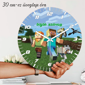 Minecraft stílusú zöld és barna pixeles falióra, 30 cm-es méretben, gamer gyerekszoba dekoráció.