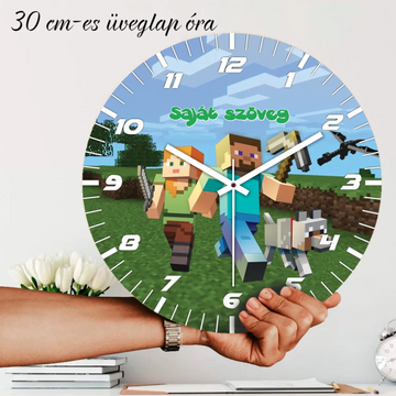 Minecraft stílusú zöld és barna pixeles falióra, 30 cm-es méretben, gamer gyerekszoba dekoráció.