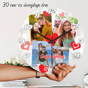 Egyedi fényképes üveg falióra 3 saját fotóval és választható felirattal.