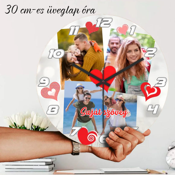 Egyedi fényképes üveg falióra 3 saját fotóval és választható felirattal.