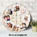 Egyedi fényképes falióra 8 saját fotóból álló kollázzsal 30 cm-es üveglapon.