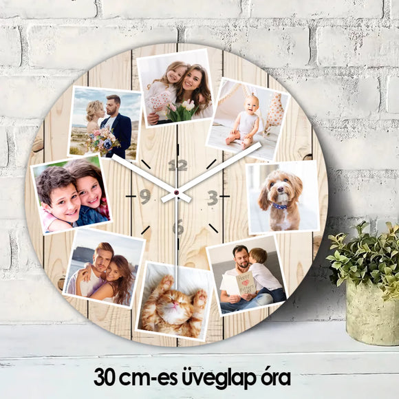 Egyedi fényképes falióra 8 saját fotóból álló kollázzsal 30 cm-es üveglapon.