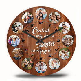  Egyedi családi falióra fényképekkel és „Család, ahol a szeretet sosem fogy el” felirattal.