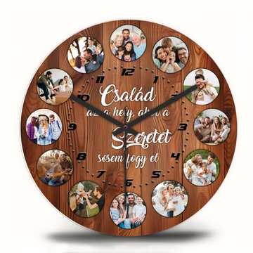  Egyedi családi falióra fényképekkel és „Család, ahol a szeretet sosem fogy el” felirattal.