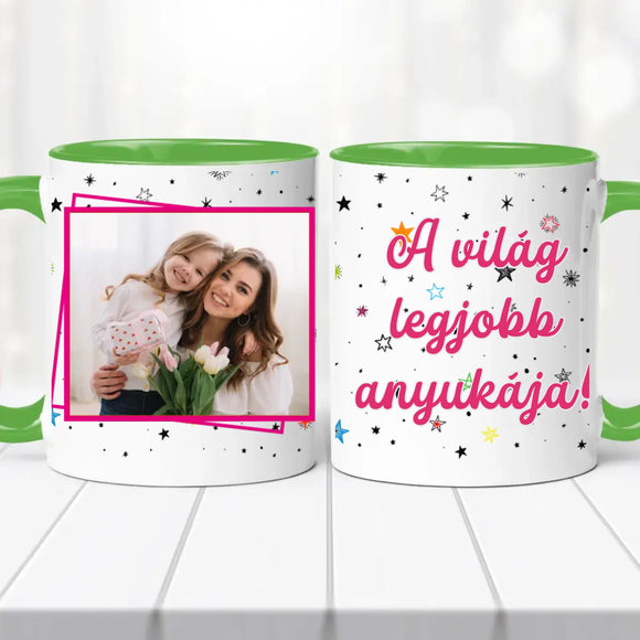 „A világ legjobb anyukája” Egyedi Fényképes Bögre – Saját Fotóval Szerkeszthető Ajándék