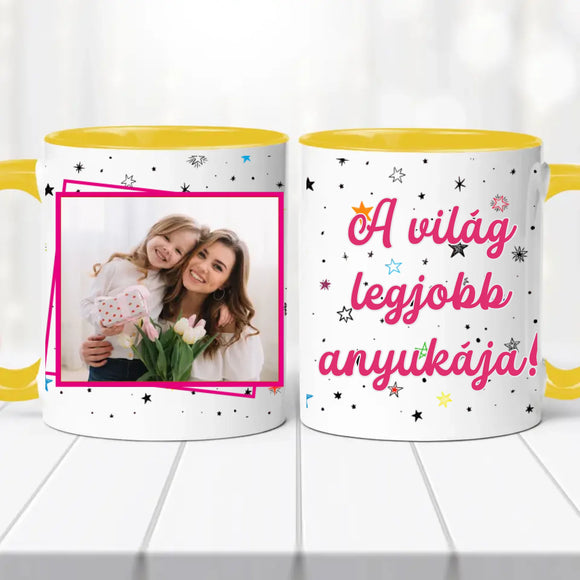„A világ legjobb anyukája” Egyedi Fényképes Bögre – Saját Fotóval Szerkeszthető Ajándék