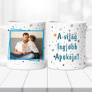 Egyedi fehér kerámia bögre „A világ legjobb apukája” felirattal és saját fotóval.