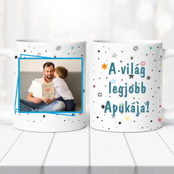 Egyedi fehér kerámia bögre „A világ legjobb apukája” felirattal és saját fotóval.