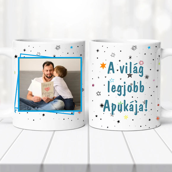 Egyedi fehér kerámia bögre „A világ legjobb apukája” felirattal és saját fotóval.