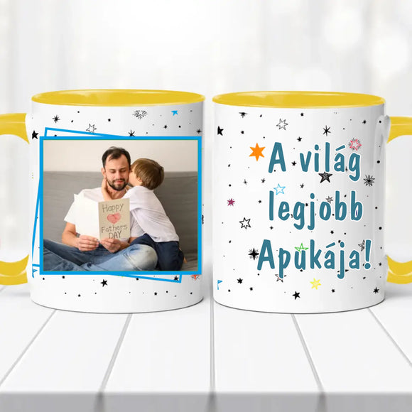 „A világ legjobb apukája” Egyedi Fényképes Bögre – Saját Fotóval Szerkeszthető Ajándék Apáknak