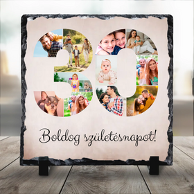 Születésnapi számos fotókollázs valódi palakő fotókőre nyomtatva 30-as számmal és boldog születésnapot felirattal.