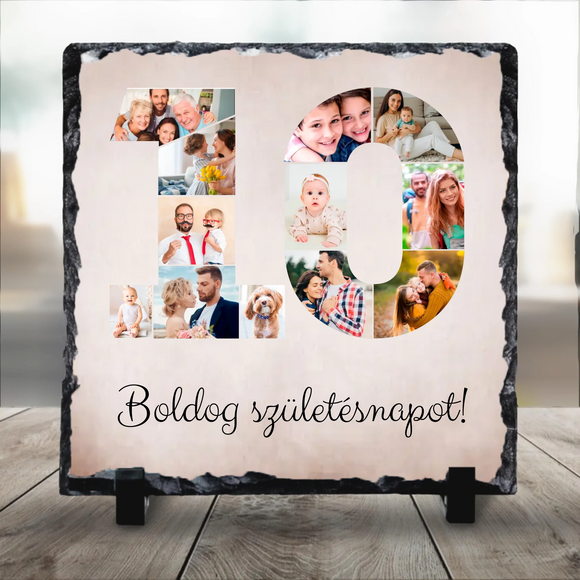 Születésnapi számos fotókollázs valódi palakő fotókőre nyomtatva 10-es számmal és egyedi születésnapi felirattal.