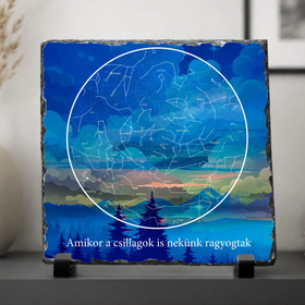 Egyedi csillagtérkép fotókő valódi palakövön, városkép sziluettel és romantikus felirattal.