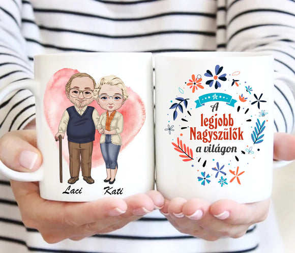 „A legjobb Nagypapa és Nagymama” Egyedi Bögre – Személyre Szabható Karakterekkel és Nevekkel