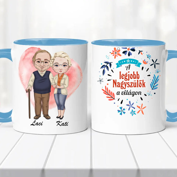 „A legjobb Nagypapa és Nagymama” Egyedi Bögre – Személyre Szabható Karakterekkel és Nevekkel
