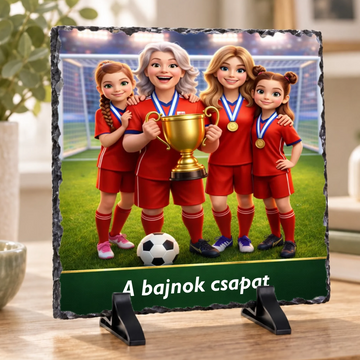 Online tervezőben szerkeszthető egyedi családi focis portré természetes palakövön, mesterséges intelligenciával átalakított többtagú rajzfilm karakterekkel, „A bajnok csapat” felirattal és 100% szállítási törésgaranciával.