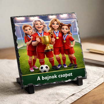Online tervezőben szerkeszthető egyedi családi focis portré természetes palakövön, mesterséges intelligenciával átalakított többtagú rajzfilm karakterekkel, „A bajnok csapat” felirattal és 100% szállítási törésgaranciával.