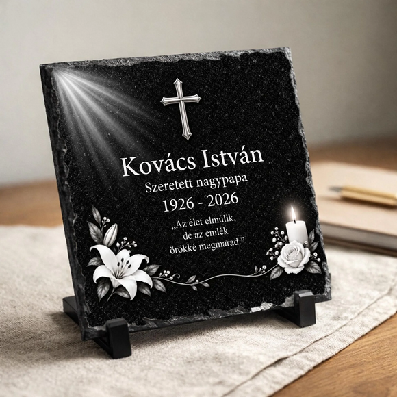 Négyzet alakú, rusztikus szélű fekete palakő emléktábla fekete műanyag talpakon. Felső részén ezüst kereszt és égi fénysugarak, alatta a Kovács István Szeretett nagypapa 1926-2026 felirat, középen Az élet elmúlik, de az emlék örökké megmarad idézet olvasható fehér betűkkel. Az alsó sarkokban fehér liliomok, egy égő gyertya és fehér rózsa látható.