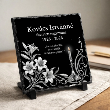 Négyzet alakú, rusztikus szélű fekete palakő emléktábla fekete műanyag talpakon. Felső részén fehér betűkkel a Kovács Istvánné Szeretett nagymama 1926-2026 felirat, középen Az élet elmúlik, de az emlék örökké megmarad idézet olvasható. Bal oldalon ezüst színű liliomok, jobb oldalon egy égő gyertya és díszes indák láthatók.