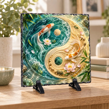 3D hatású koi pontyokkal, lótuszvirággal és zen kerti homok mintával díszített türkizkék jin jang palakő asztali dísz fekete kitámasztó talpakon