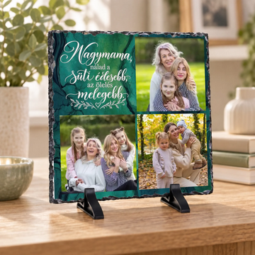  Zöld arany erezetes márvány mintával díszített háromképes egyedi nagymama fotókollázs palakő kitámasztó talpakon Nagymama nálad a süti édesebb felirattal
