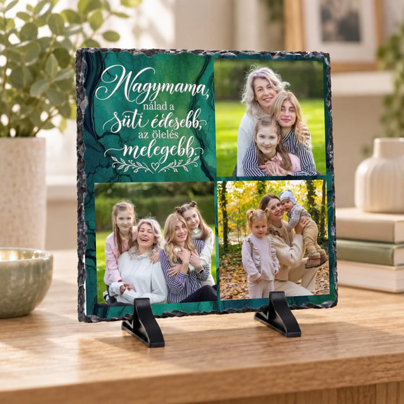  Zöld arany erezetes márvány mintával díszített háromképes egyedi nagymama fotókollázs palakő kitámasztó talpakon Nagymama nálad a süti édesebb felirattal
