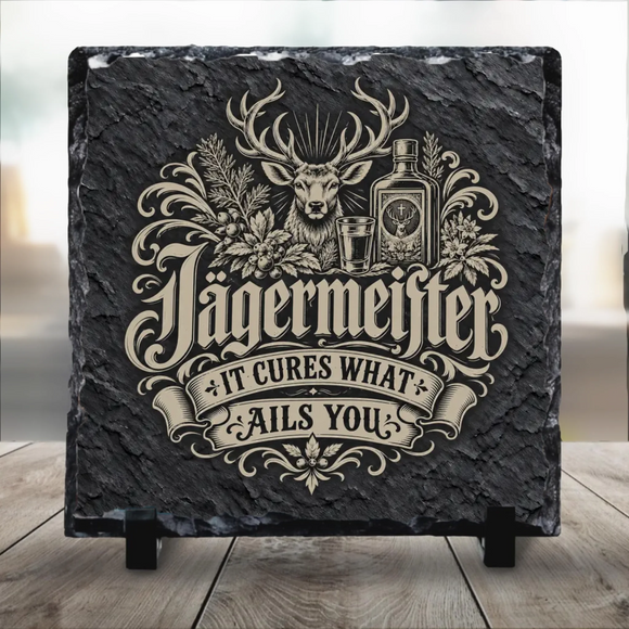 Gravírozott hatású vintage Jägermeister felirattal, szarvasbikával, fenyőágakkal, likőrös üveggel és felespohárral díszített egyedi fekete palakő asztali dísz fekete kitámasztó talpakon