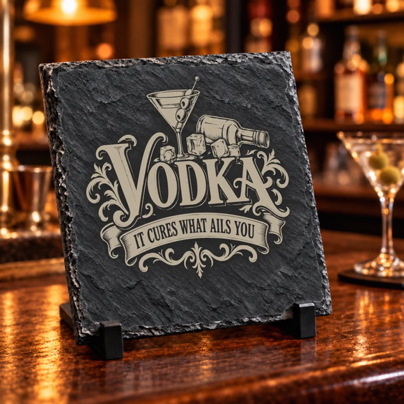 Gravírozott hatású vintage Vodka felirattal, martini pohárral és jégkockákkal díszített egyedi fekete palakő asztali dísz fekete kitámasztó talpakon